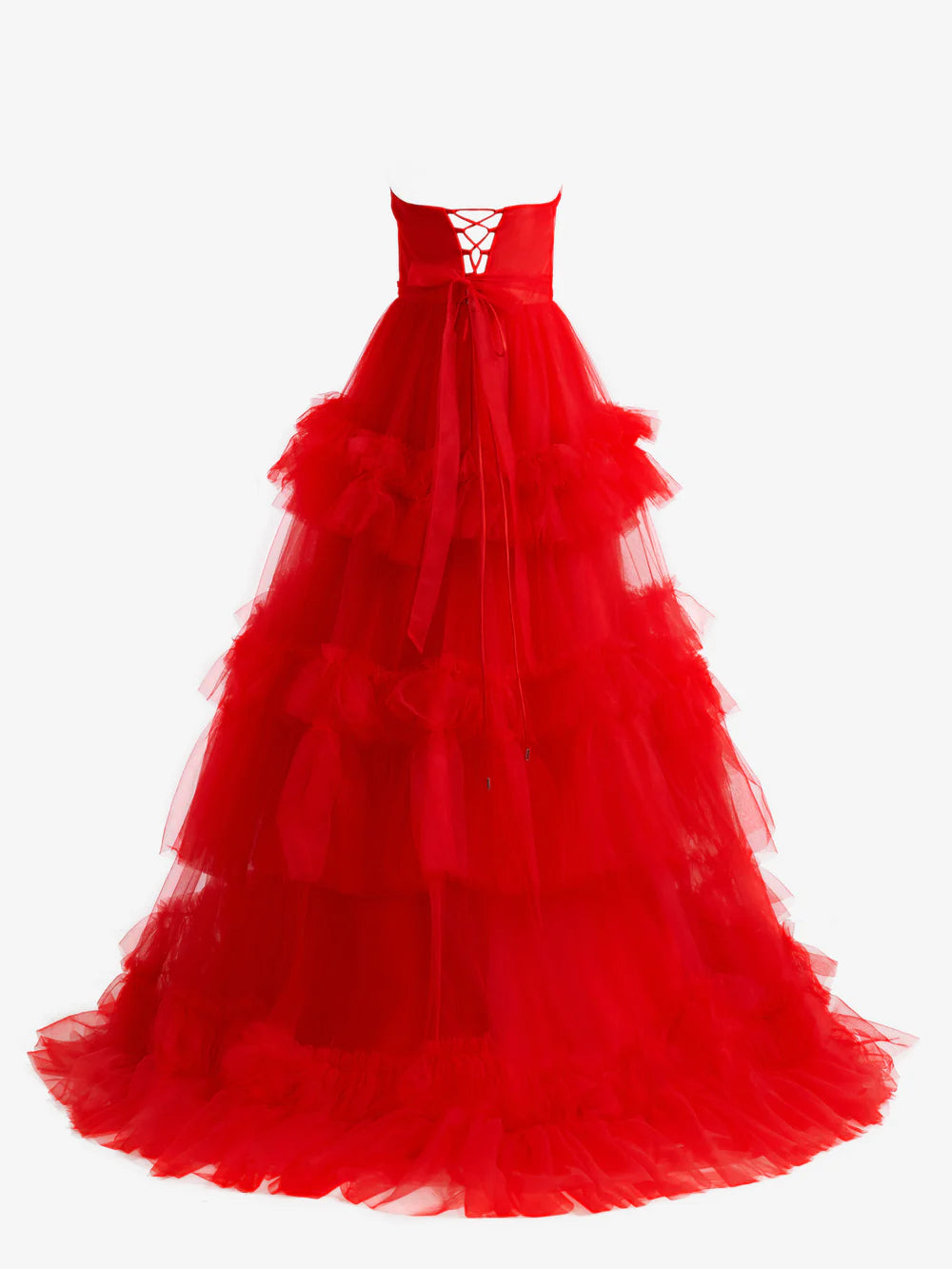 A-Linien-Abendkleid aus trägerlosem Tüll mit Rüschen